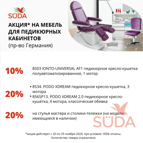 Скидки до 20% на педикюрные кресла, стулья мастера и столики-тележки